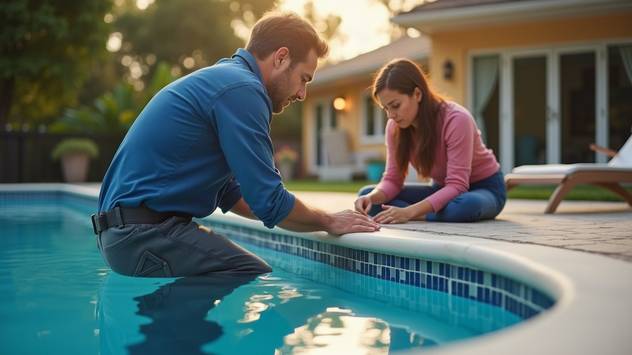 Pool technician inspecting equipment while homeowner watches, representing the service call that should have been booked at the retail counter