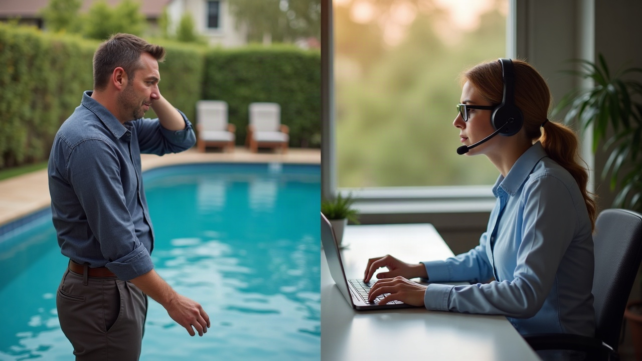 Split screen comparison showing a stressed pool company owner in the field vs. a professional call handler at a desk with scheduling software