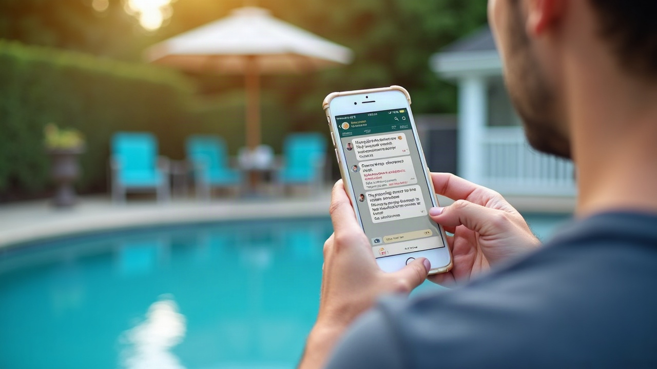 Screenshot mockup of a text conversation between a homeowner and a pool company, showing fast response times and appointment confirmation within five minutes