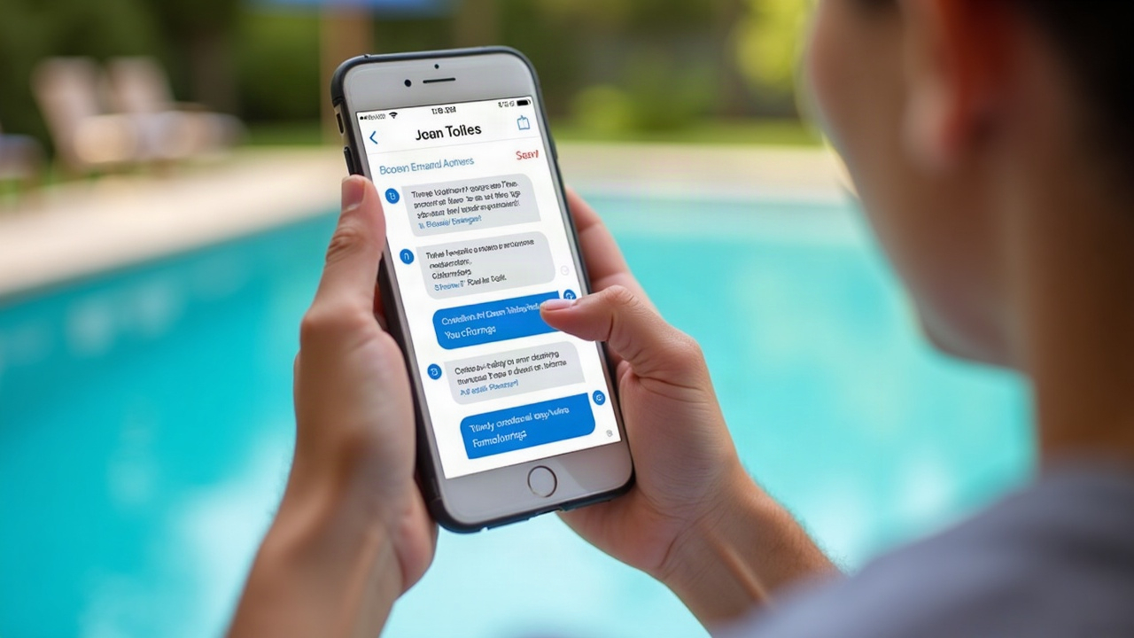 Calendar view on a phone showing pool service appointments being booked via text throughout the week, with confirmed appointment notifications