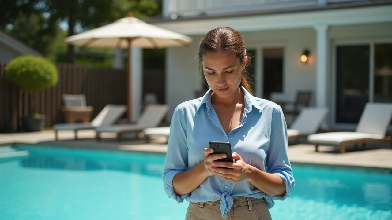 Luxury pool owner looking frustrated while checking their phone by the poolside, with visible water quality issues in the background