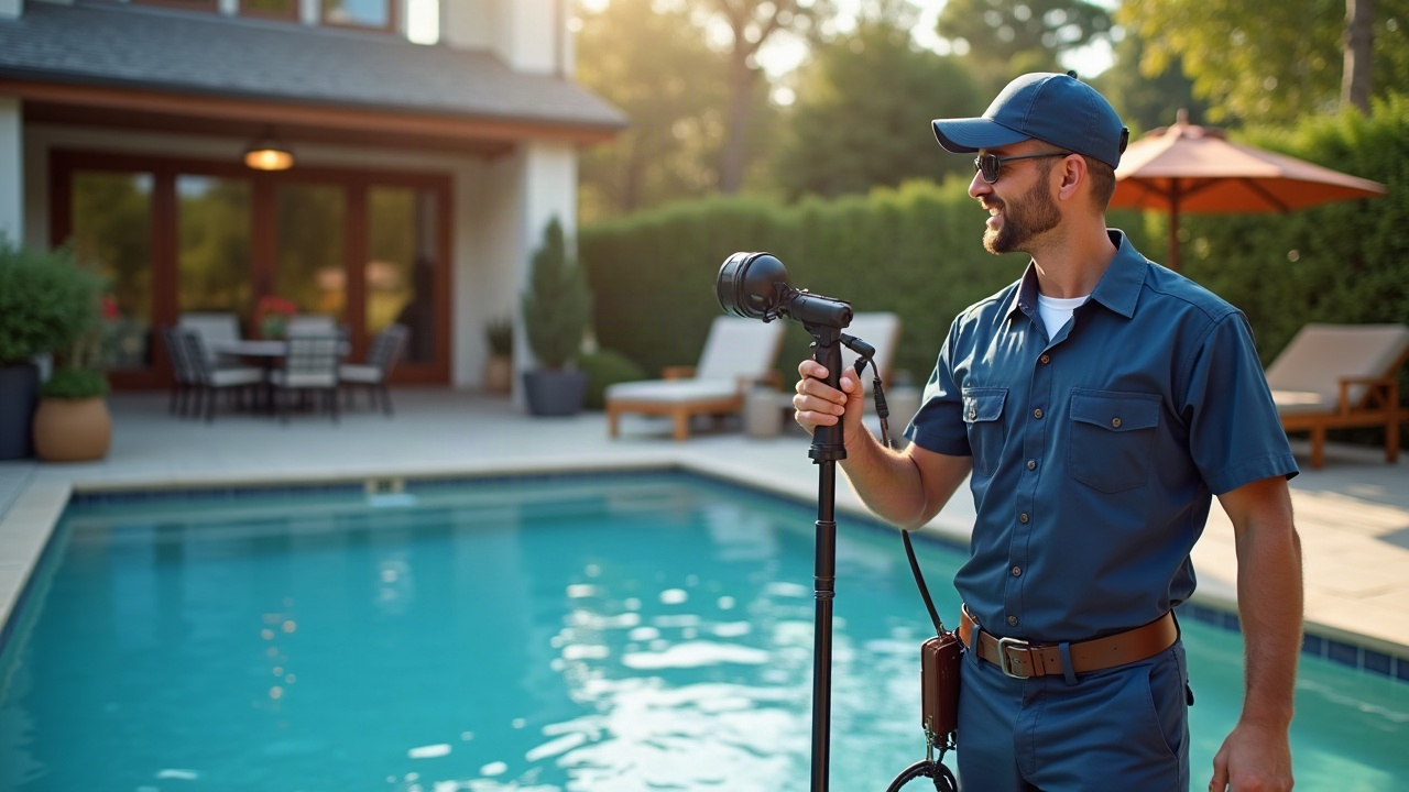 Professional pool technician arriving at a luxury home with equipment, while homeowner greets them with visible relief during a weekend service call