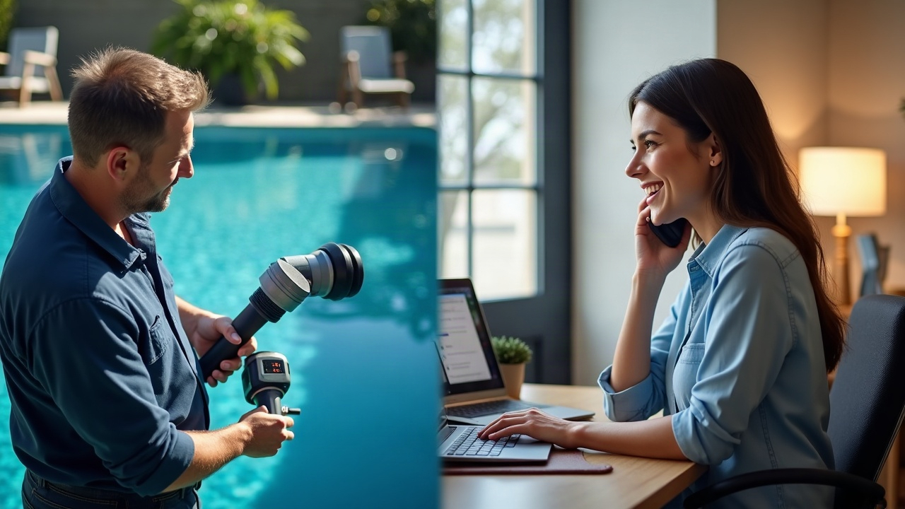 Split screen showing pool technician working on equipment on left, professional office team member at desk taking call on right, both smiling