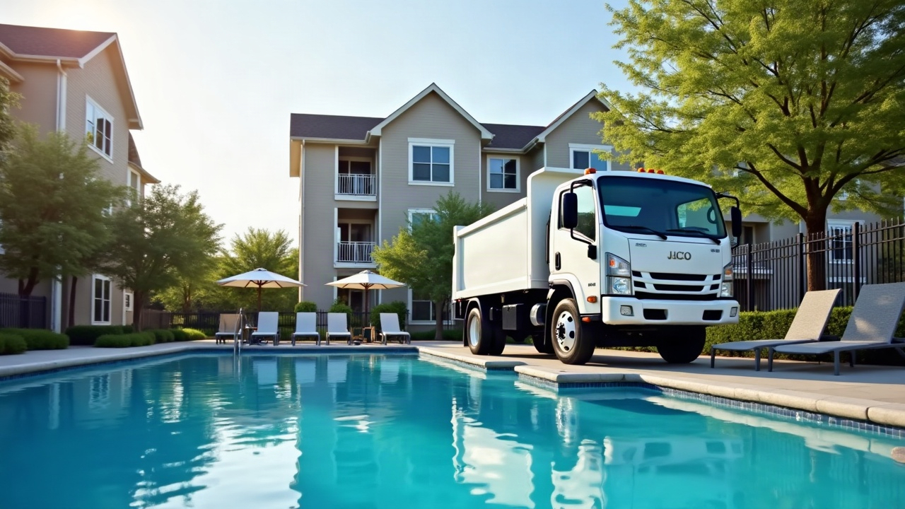Pool service truck parked at large residential community pool with modern condos visible in background, professional and clean presentation