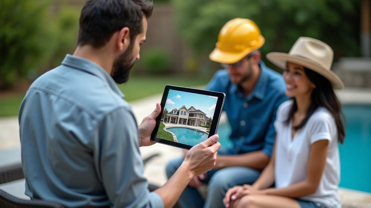 Pool builder showing custom design renderings on tablet to couple in their backyard, professional consultation setup with measuring tools visible