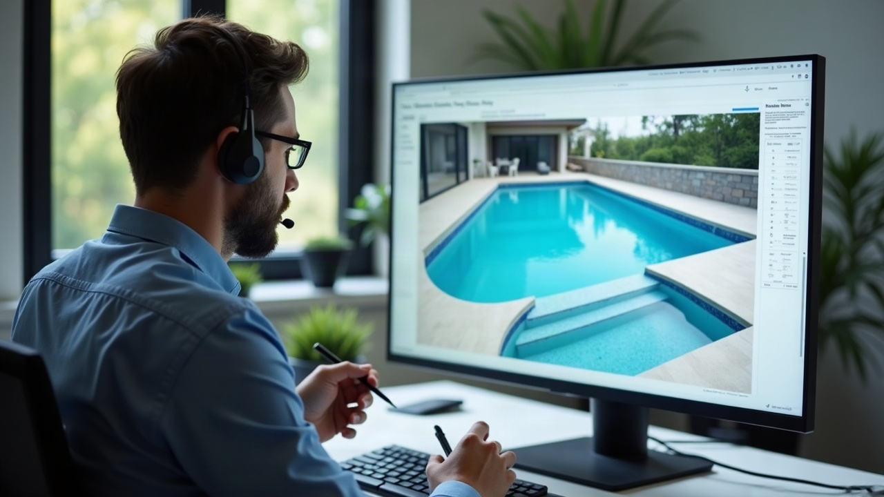 Professional office team member on headset taking notes while reviewing pool design blueprint on screen