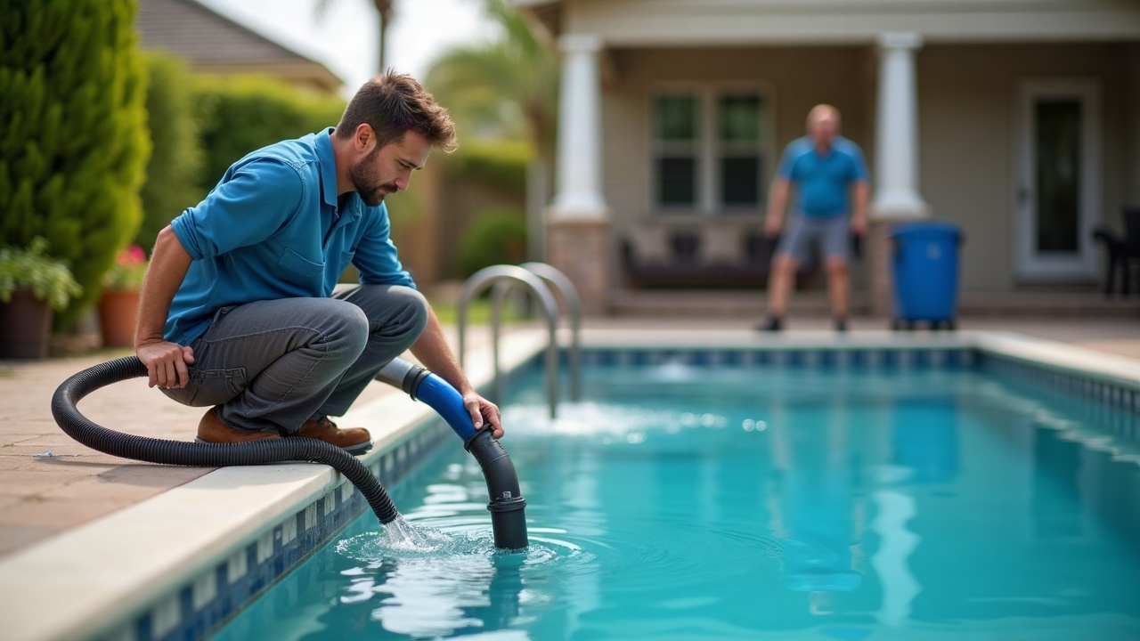 Split-screen comparison: left side shows frustrated homeowner with rental pump and slow drainage, right side shows professional pool tech with commercial equipment working efficiently