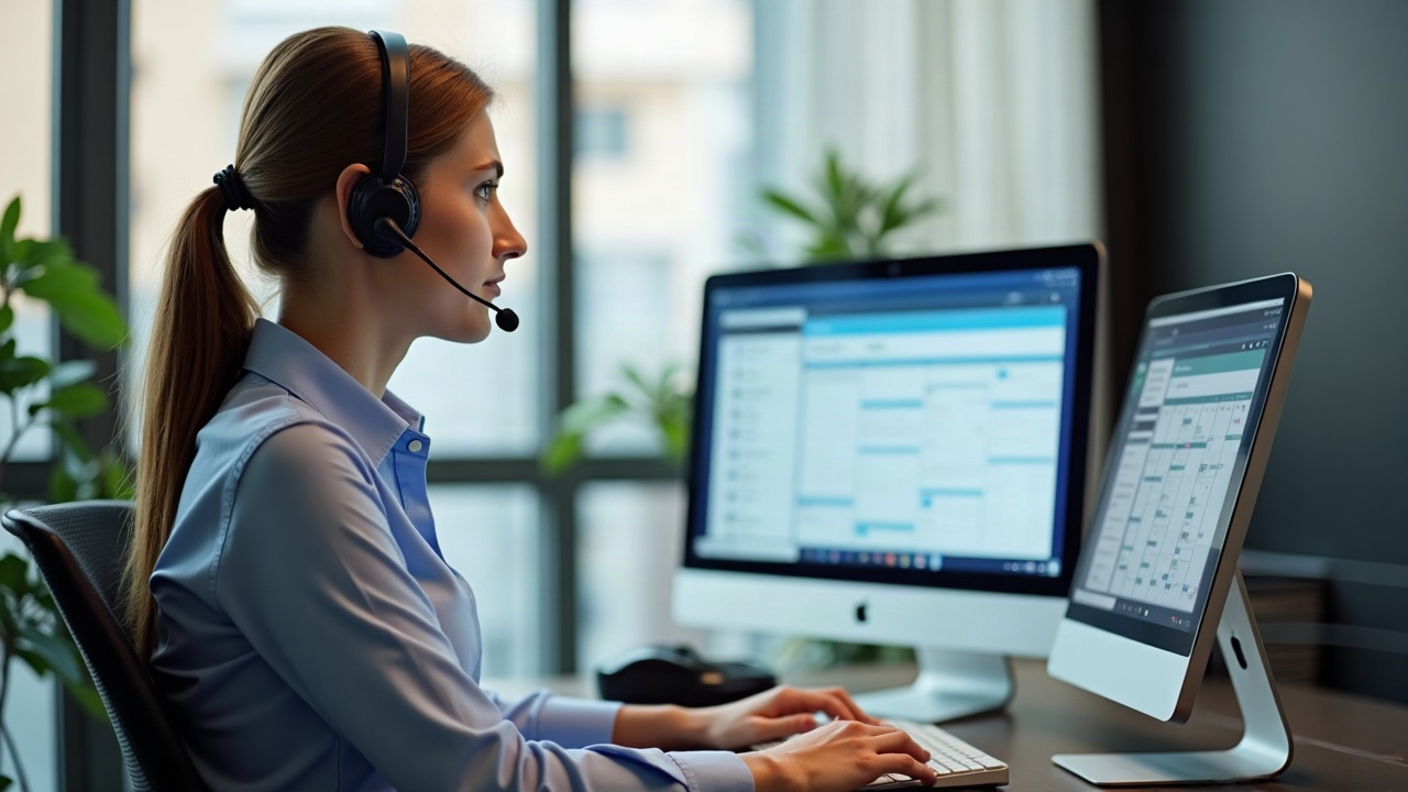 Professional answering service representative wearing headset at desk with computer screen showing pool service scheduling calendar