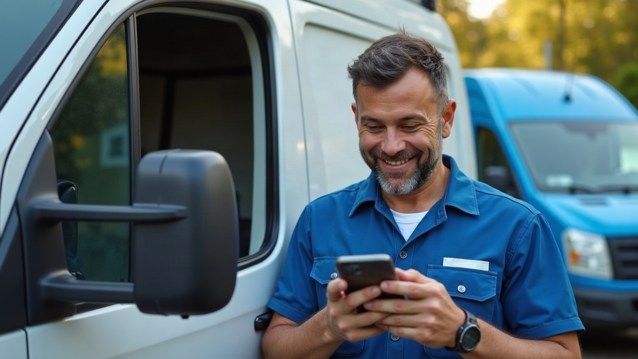 Pool service technician on phone while standing next to service truck, looking confident and organized