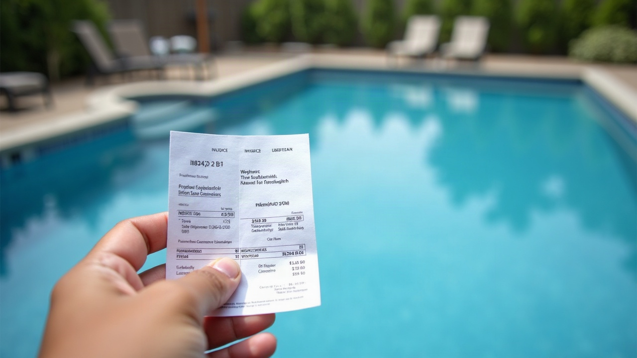 Pool equipment invoice comparison showing side-by-side costs: big-box store equipment-only receipt versus pool company installed price breakdown with equipment, labor, permits, and warranty