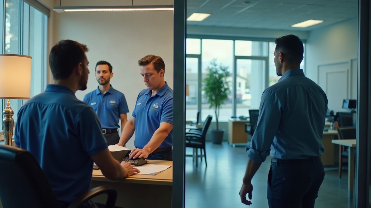 Split screen showing a Lowe's customer service desk with staff helping a customer on one side, and an empty pool company office with an unanswered ringing phone on the other