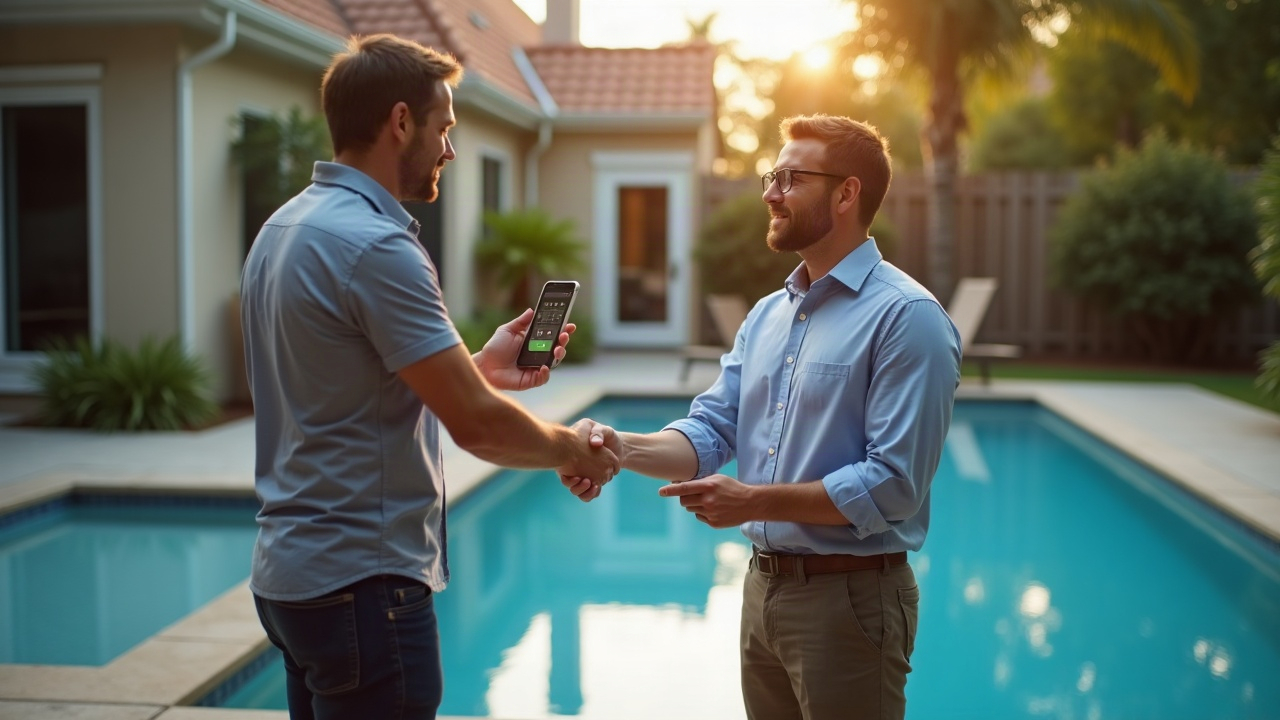 A confident pool company owner shaking hands with a homeowner in a backyard next to a beautiful newly-installed fiberglass pool, while in the background his phone shows multiple answered calls