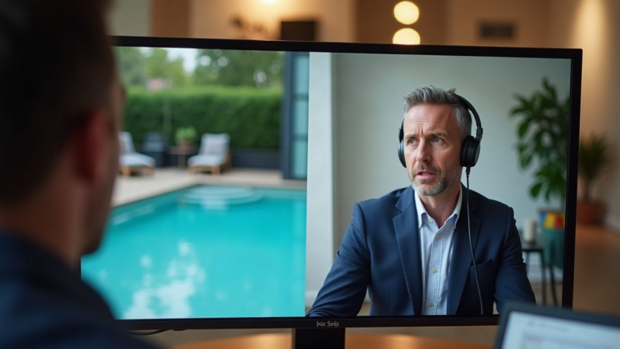 Split screen showing a pool owner frustrated by voicemail on one side, and a professional answering a call with a calendar booking on the other