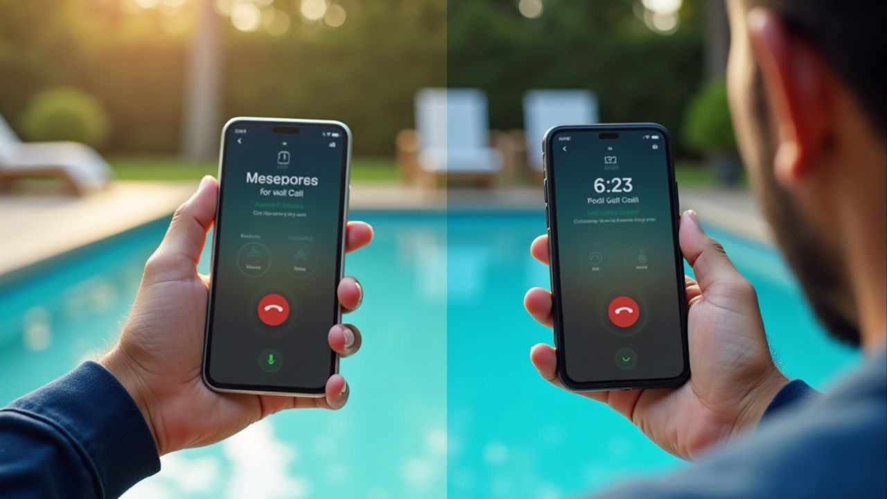 Split-screen comparison showing pool owner's phone with missed call notification vs. answered call with appointment confirmation