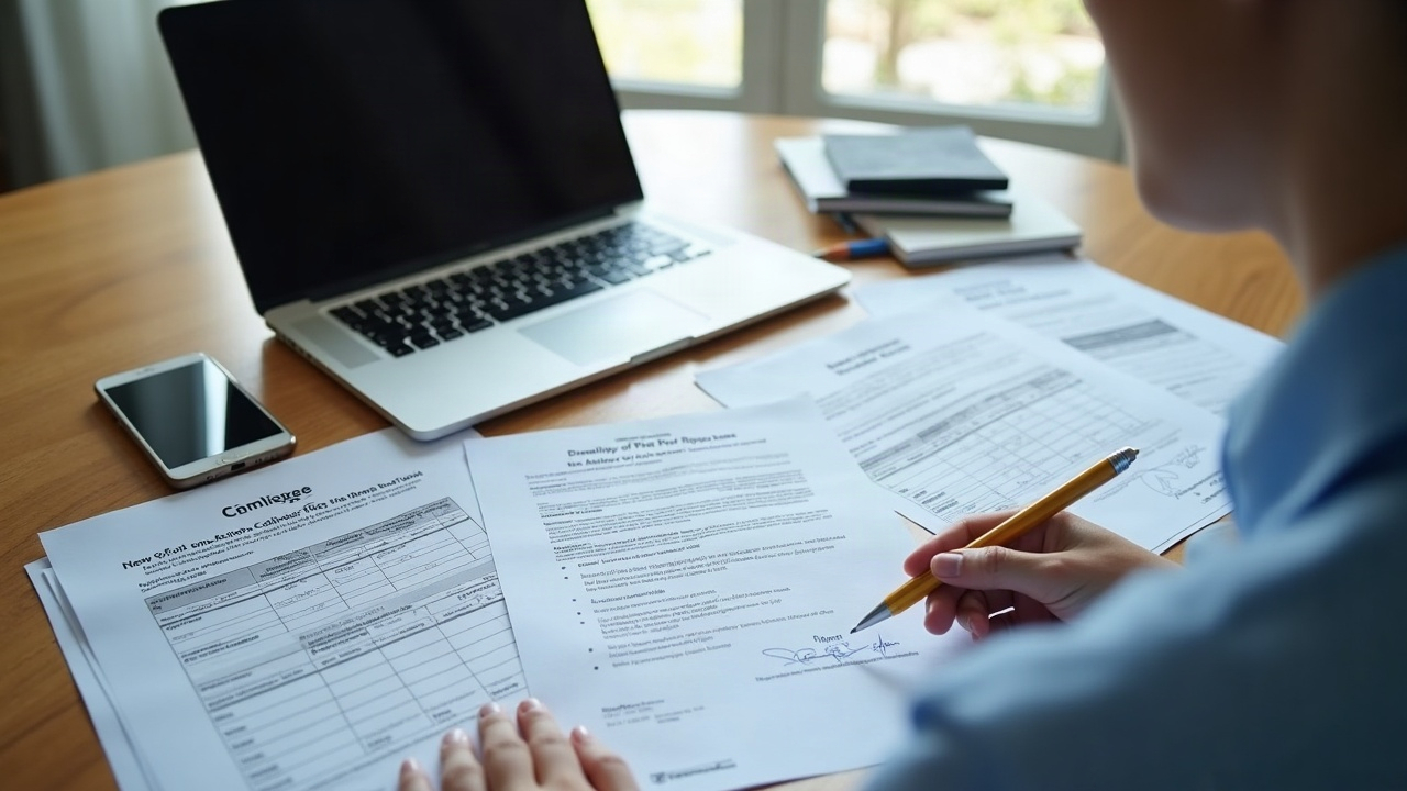 Overhead view of a property manager's desk with multiple pool service bids, insurance certificates, and vendor application forms spread across a laptop