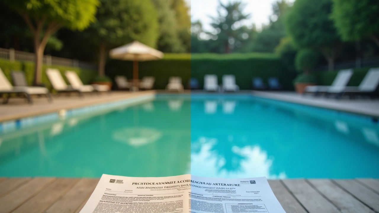 Split-screen comparison showing an abandoned green pool on the left and the same pool restored to clear blue water on the right, with property management inspection paperwork visible