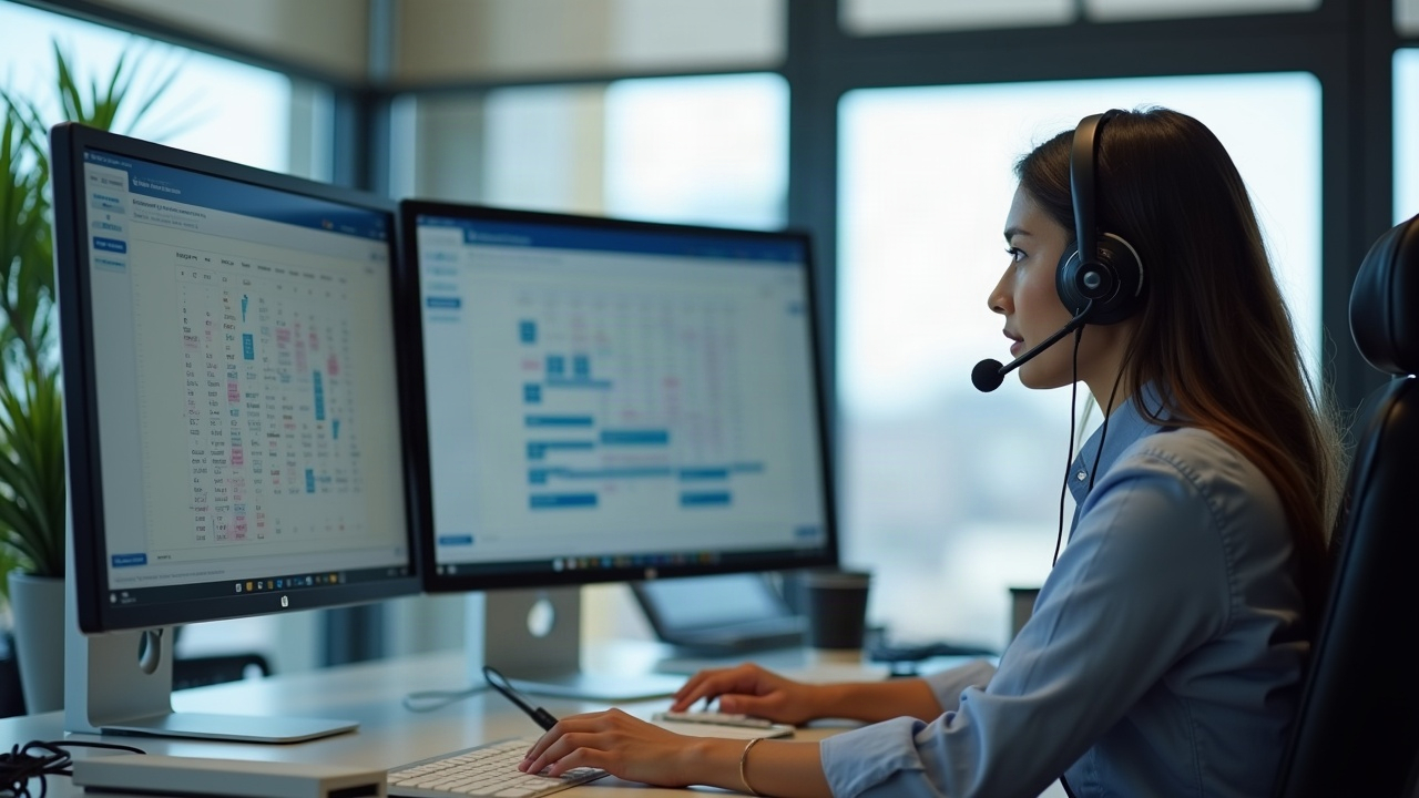 Professional office team member wearing a headset, reviewing a multi-location service calendar on dual monitors with property management logos visible