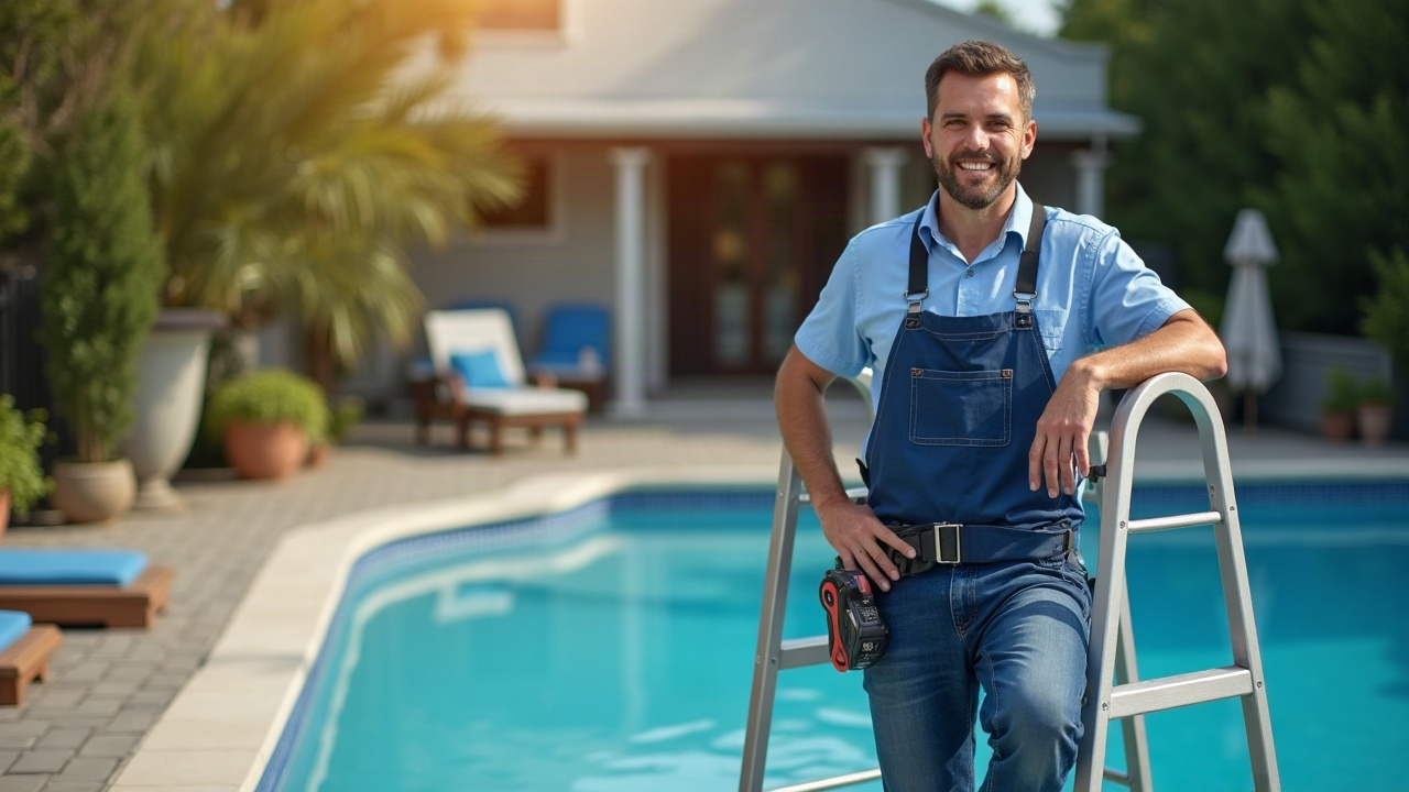 Pool service owner on a ladder installing a pool heater with tools and equipment visible, professional and confident