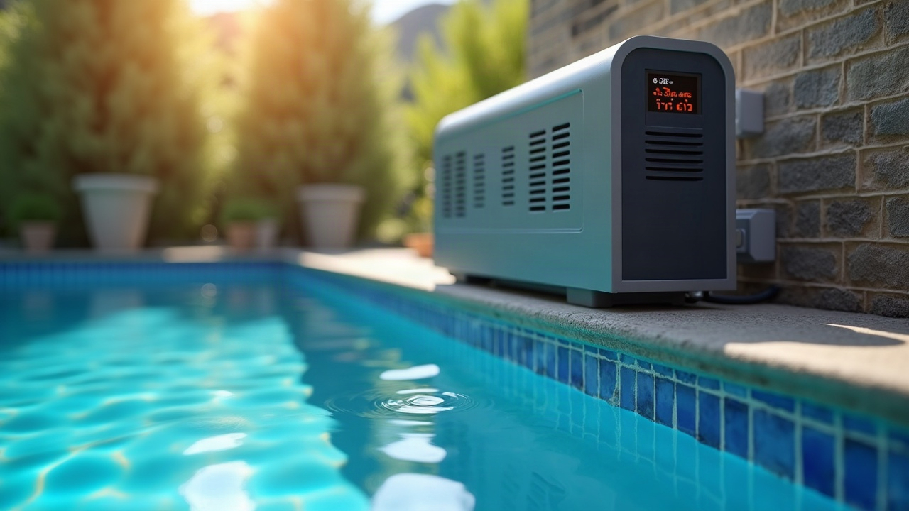 Close-up of a modern pool heat pump installed next to a pool with digital temperature display visible