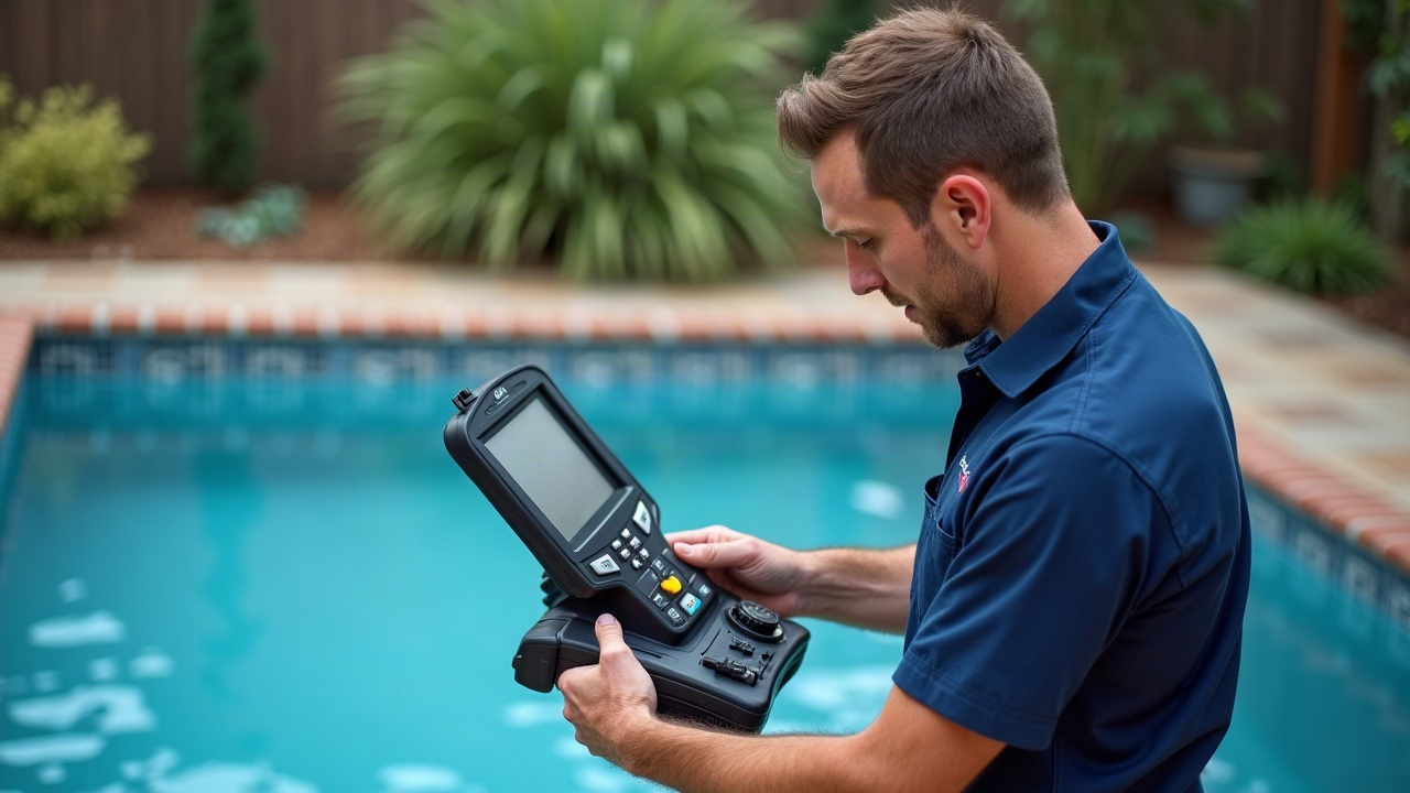 Professional pool service technician examining a gas pool heater with diagnostic tools, parts catalog visible in background