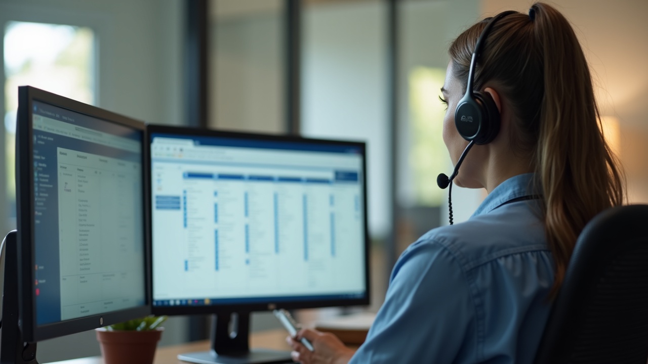 Pool company office scene showing a front office team member on a headset with a computer screen displaying a pool heater installation booking calendar