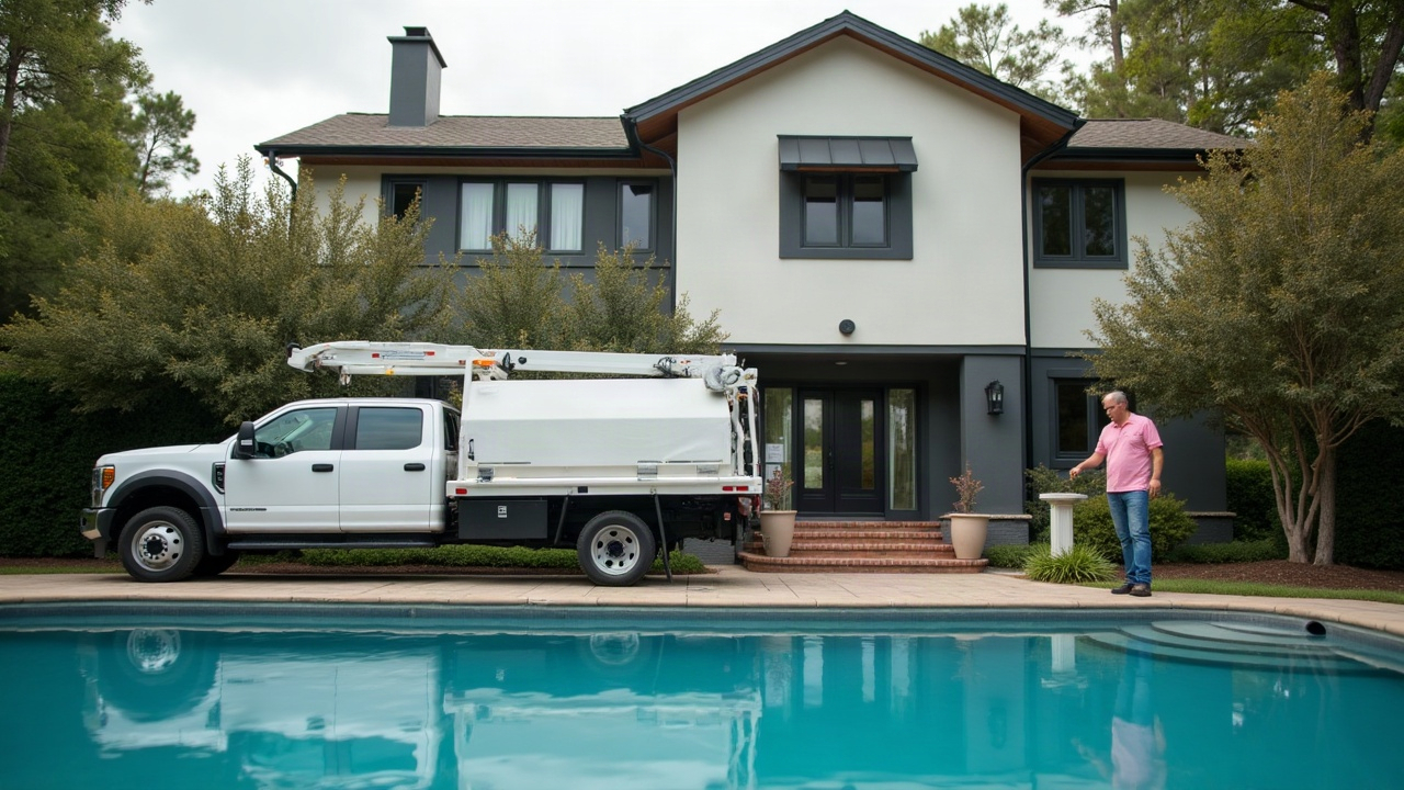 Pool service truck parked in front of a home with storm shutters, technician securing pool equipment while homeowner watches