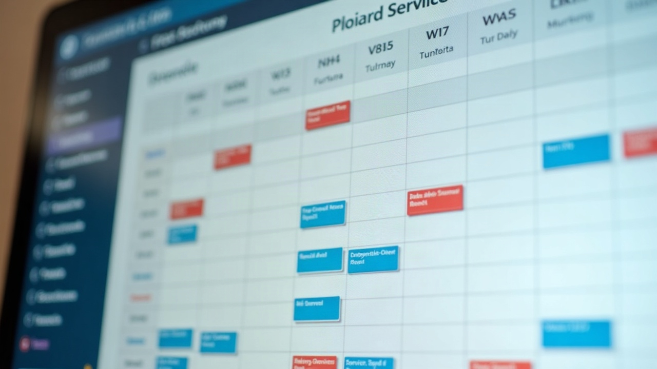 Dashboard or calendar view showing a packed schedule with back-to-back pool service appointments color-coded by service type during hurricane week