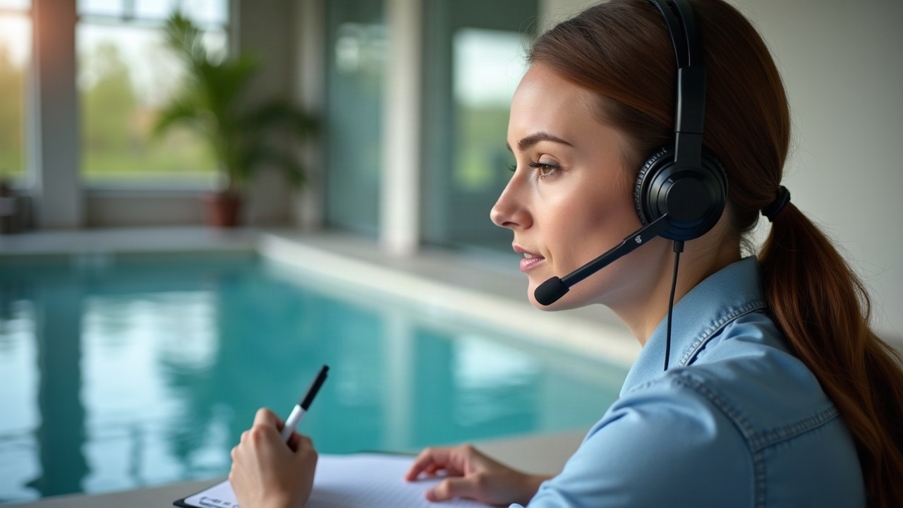A professional front office team member on a headset taking notes while speaking with a pool installation prospect, representing responsive customer service