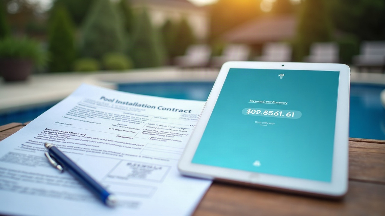 A signed pool installation contract next to a tablet showing a completed payment transaction, representing successful quote-to-contract conversion