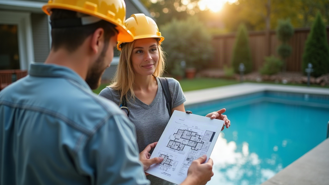Pool contractor in backyard showing design plans to homeowners on tablet, representing the quote approval moment when deposit collection should begin immediately
