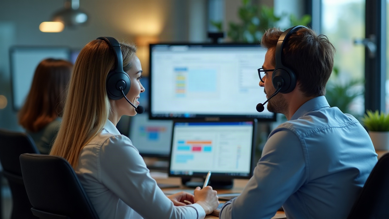 Professional team workspace with headset-wearing staff members reviewing pool project notes and calendar bookings on multiple screens