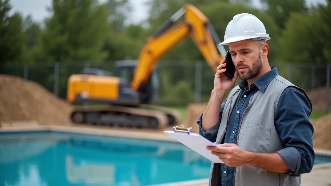 Pool company owner on phone at job site with excavator in background, juggling clipboard and cell phone looking stressed