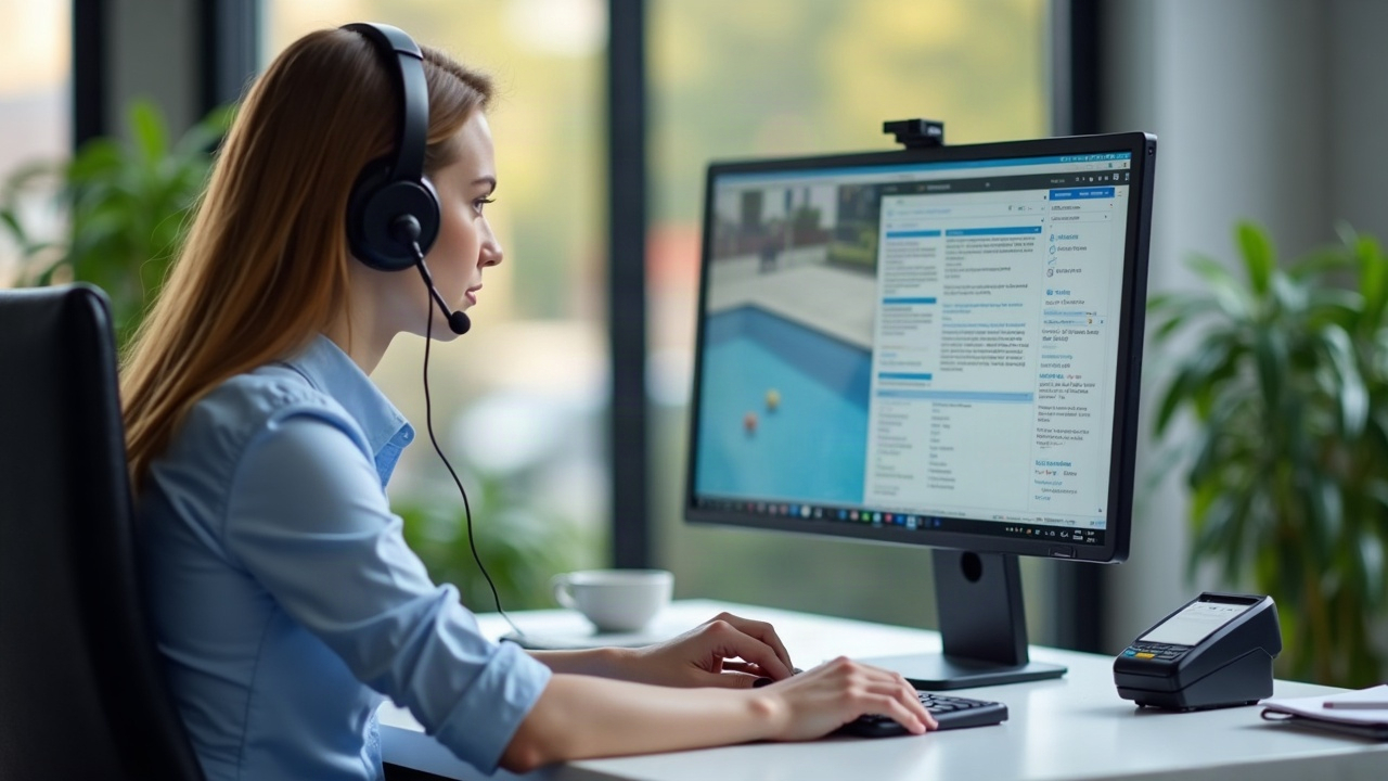 Professional office team member on headset reviewing pool contract on computer screen with payment terminal visible on desk