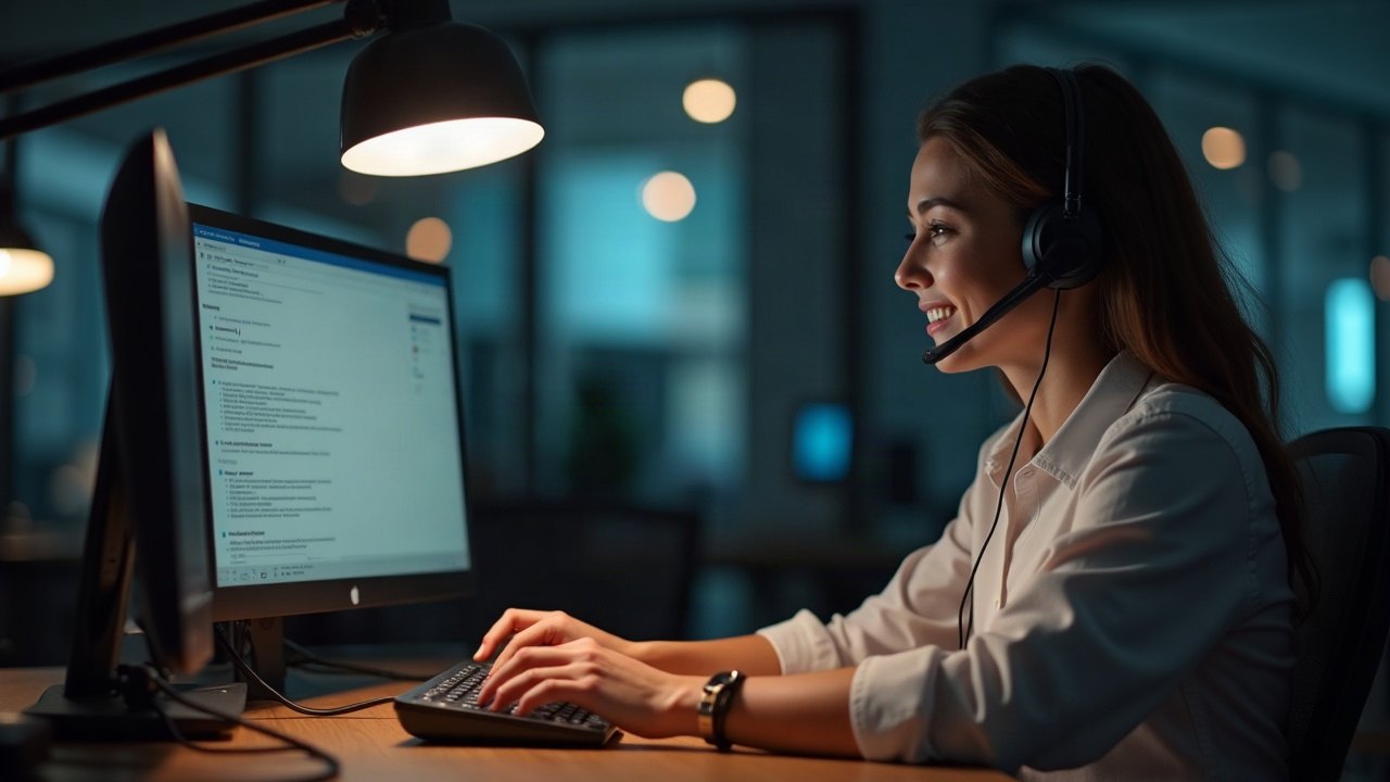 Split-screen comparison: left side shows phone ringing on empty desk at night, right side shows smiling office team member wearing headset answering call