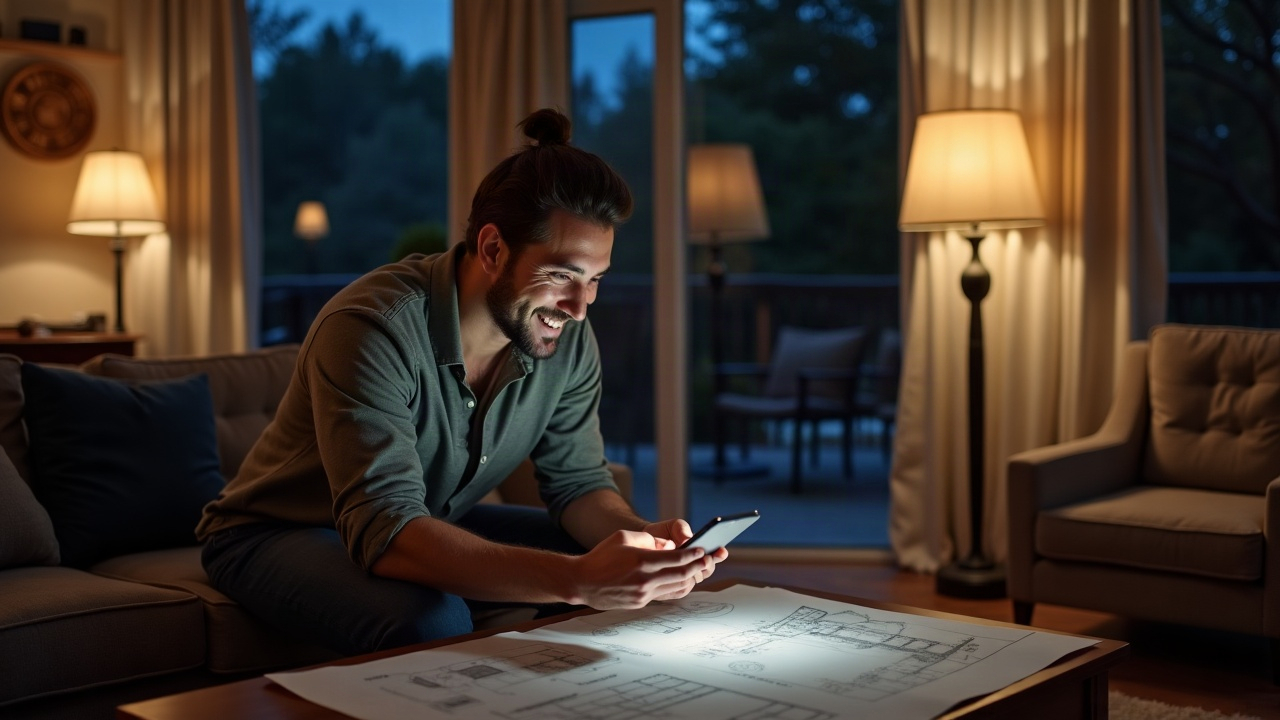 Homeowner on smartphone in living room at night, pool design blueprints spread on coffee table, satisfied expression