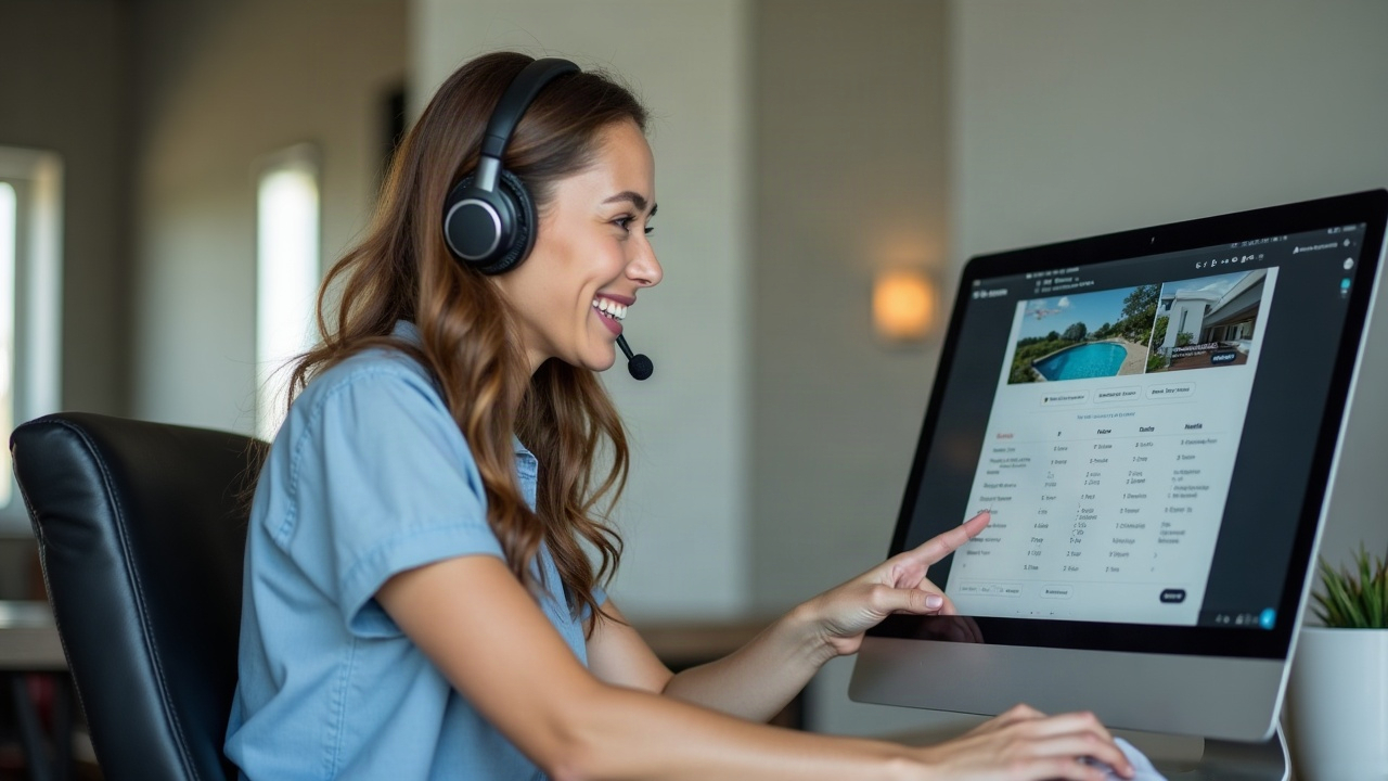 A professional woman at a desk with a headset, answering a phone call with a friendly smile, with a calendar and pool design documents visible on the computer screen