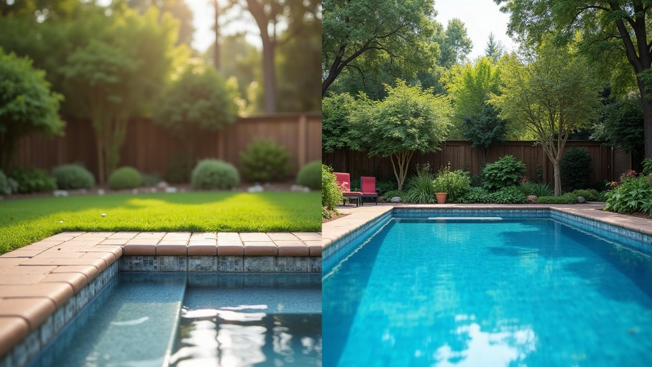 A backyard transformation showing a before image of an empty yard next to an after image with a beautiful completed swimming pool, representing the outcome homeowners are buying
