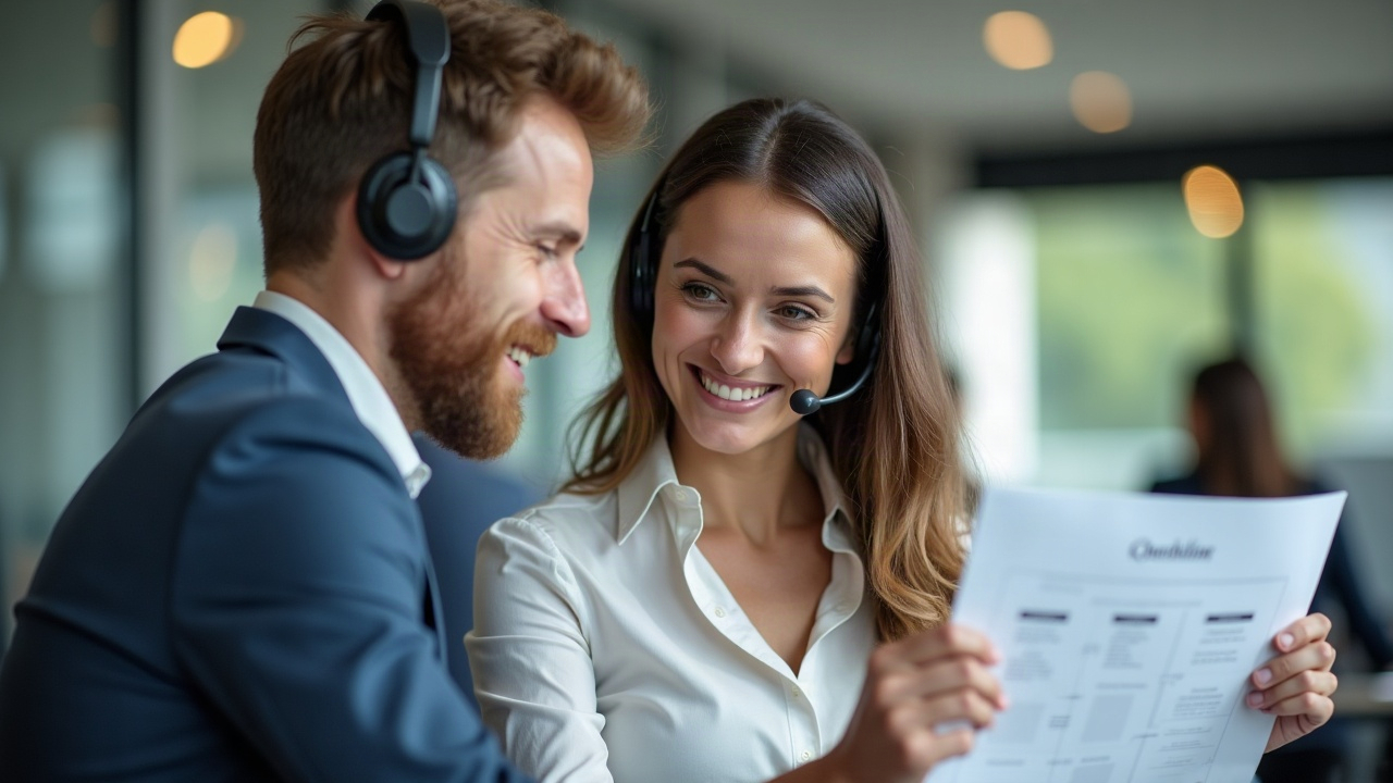 Professional front office team member on headset reviewing a pool project qualification checklist with a confident, friendly expression