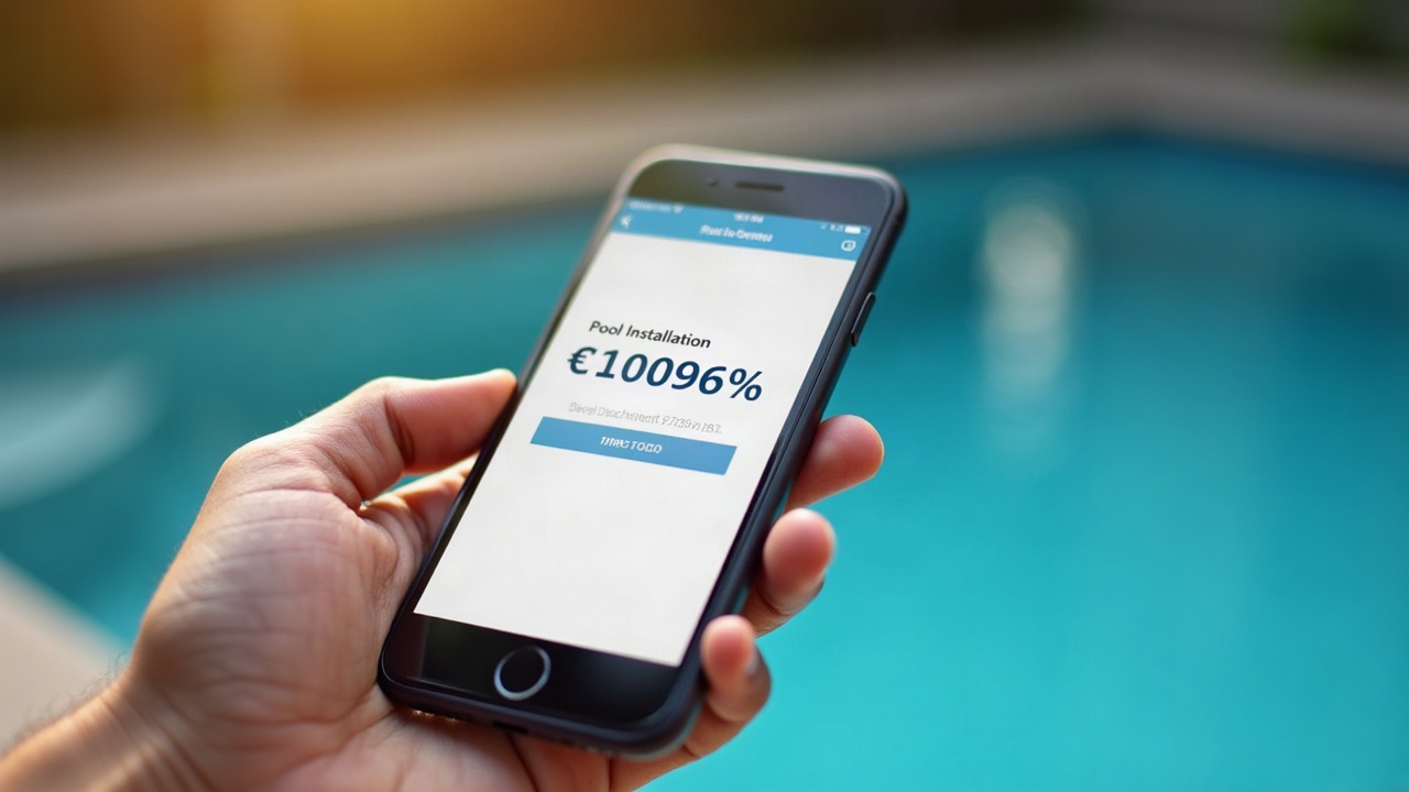 Close-up of a smartphone showing a digital payment confirmation screen for a pool installation deposit, emphasizing instant transaction