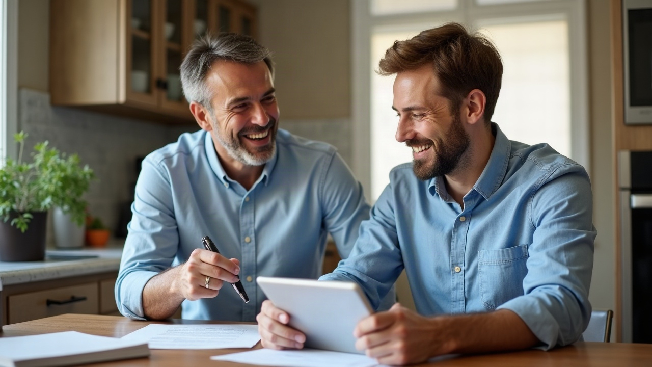 Pool company owner confidently reviewing a contract on a tablet with a homeowner at their kitchen table, both smiling