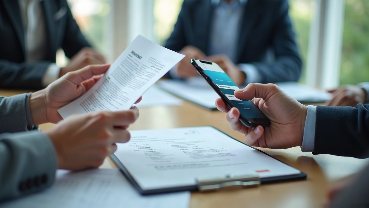 Split-screen comparison showing disorganized paper contracts vs. clean digital payment interface on smartphone