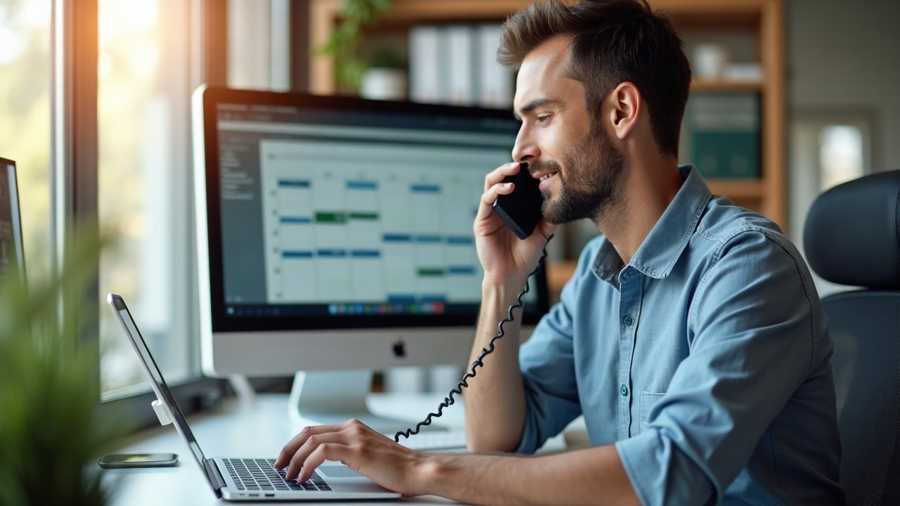 Pool contractor on phone in office with scheduling calendar visible on screen, organized and professional setting
