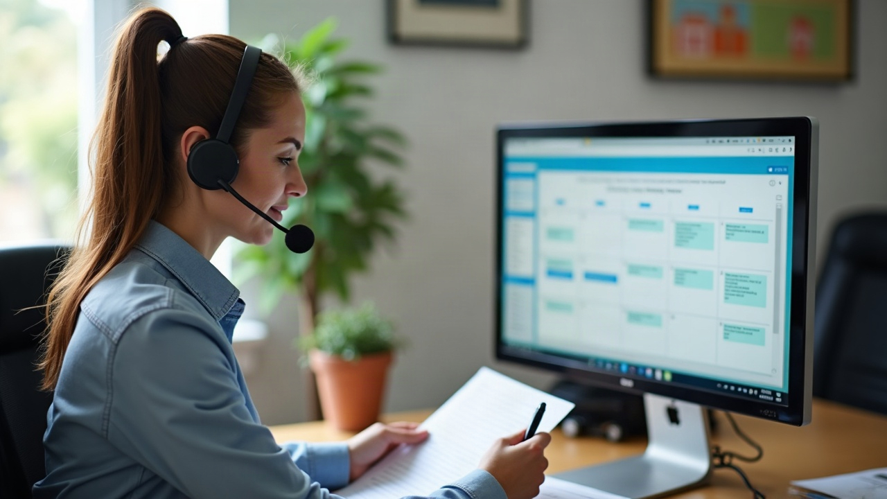 A professional office team member wearing a headset, taking notes while looking at a pool company's calendar on a computer screen, with a warm and confident expression