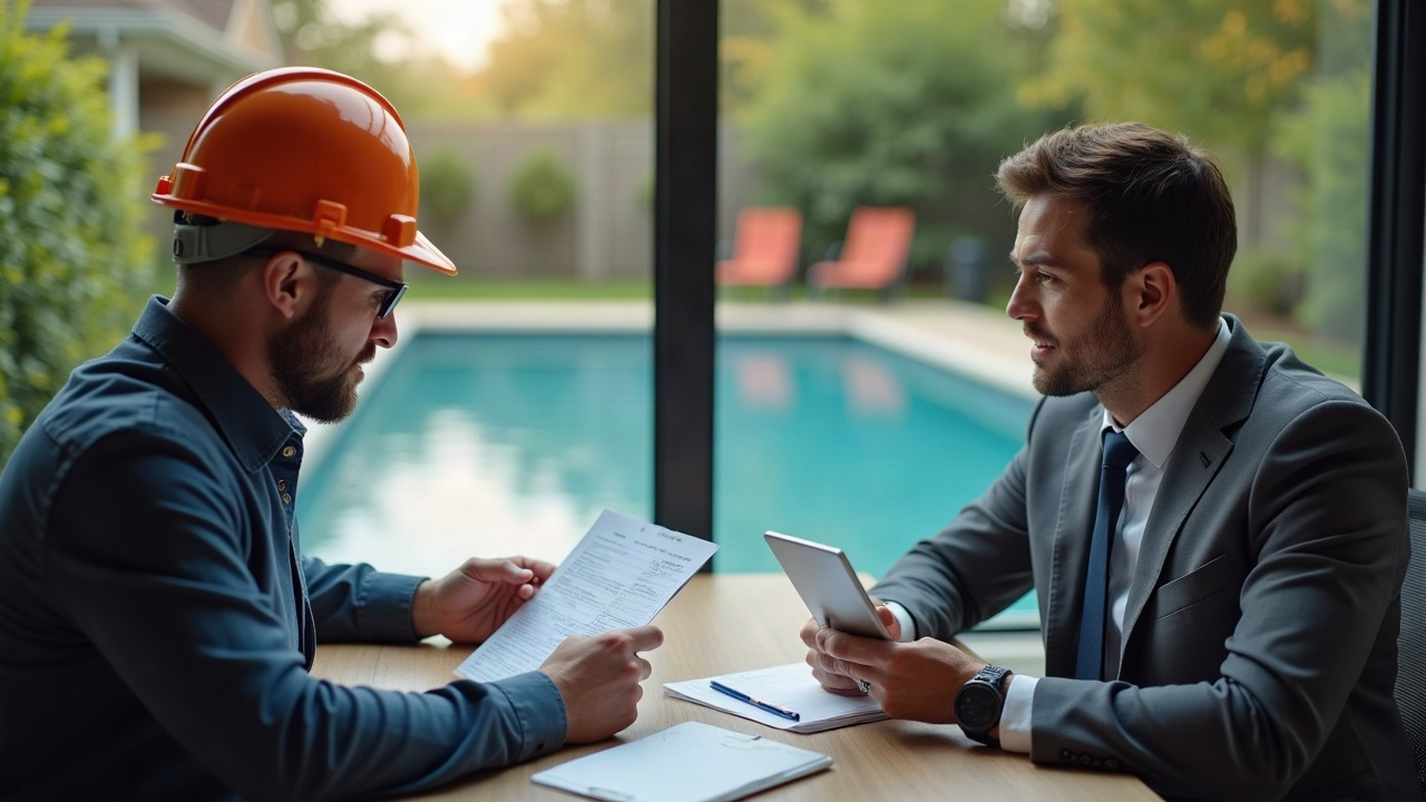 Split-screen comparison showing a stressed pool company owner on a job site checking voicemails versus a professional front office team member speaking with a homeowner while referencing a quote on screen