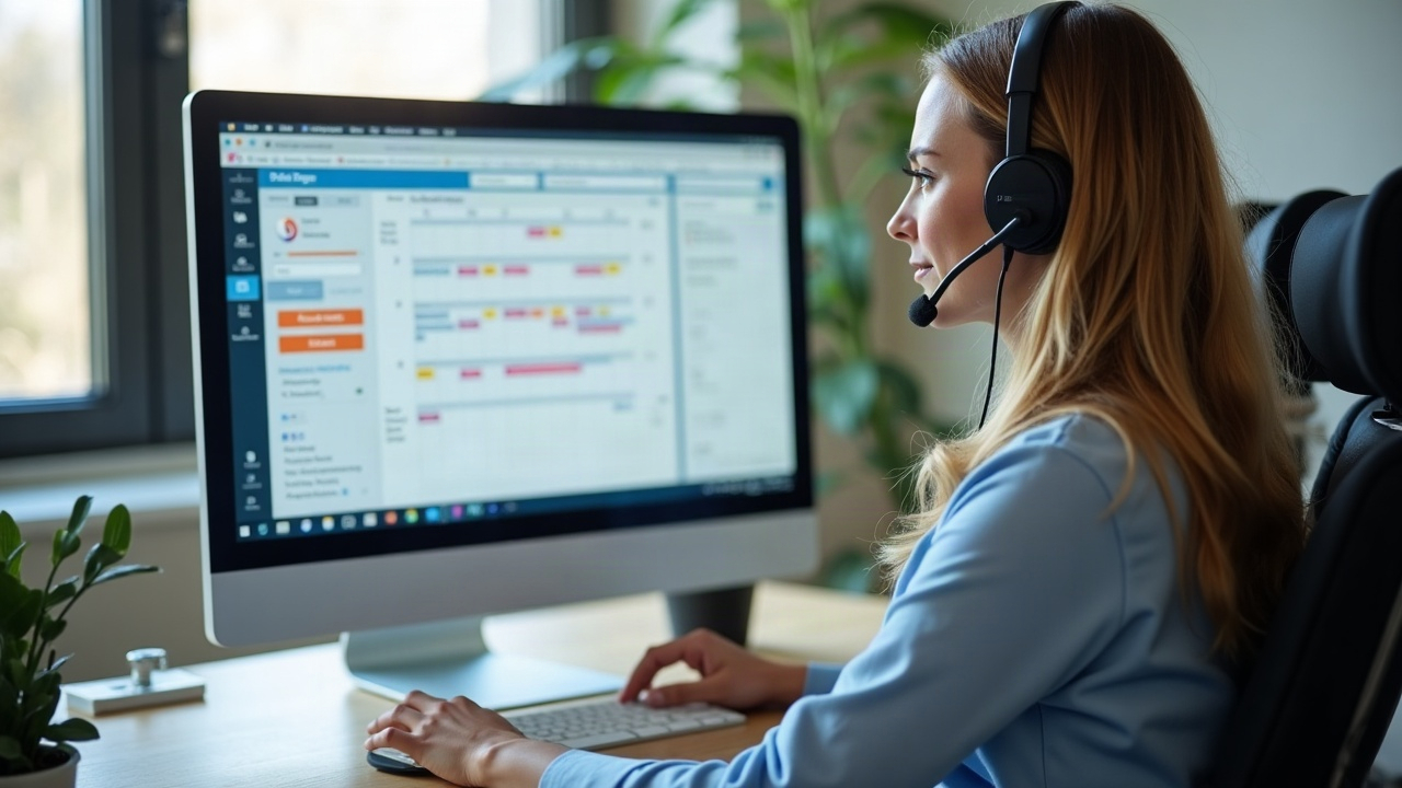 A professional team member at a clean desk with headset, dual monitors showing a pool quote and customer notes, calendar with color-coded follow-up schedule visible