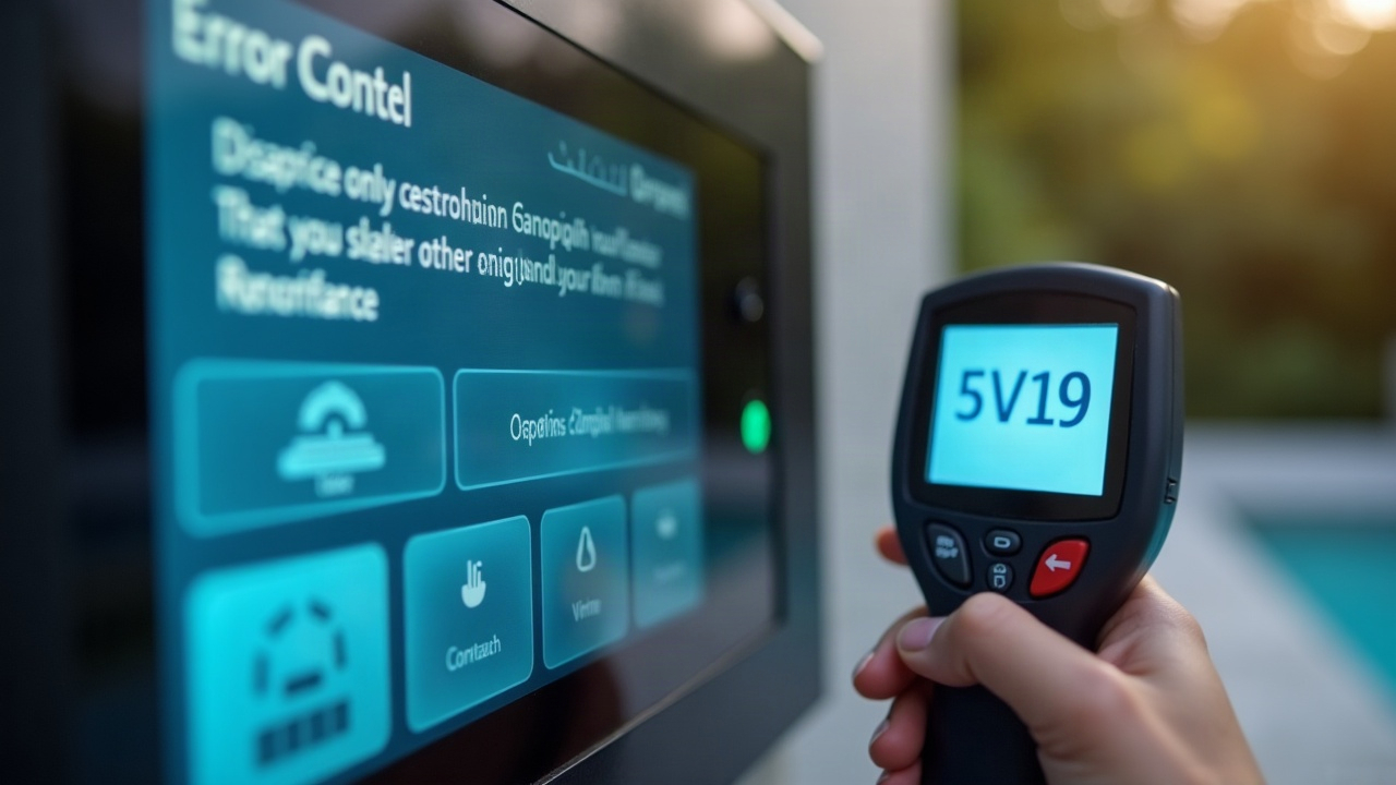 Close-up of a spa control panel showing an error code, with a technician's hand holding a diagnostic tool