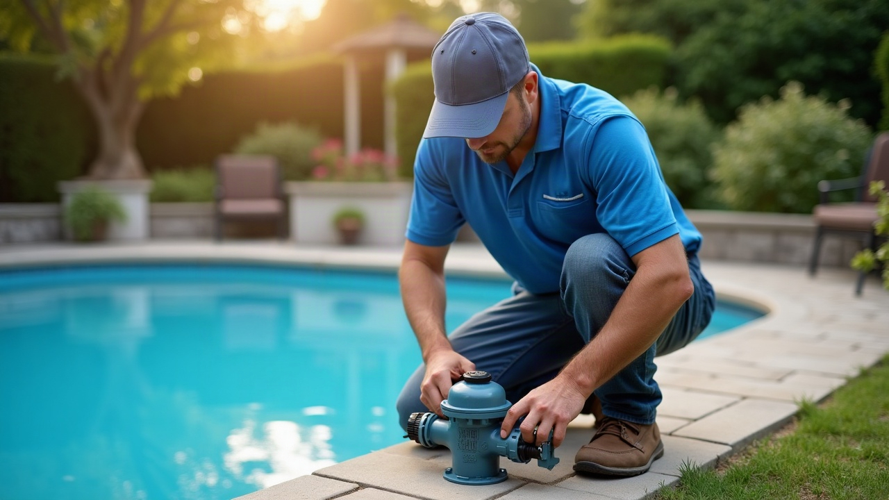 Pool service technician working on spa equipment on a residential equipment pad, with both pool and spa plumbing visible