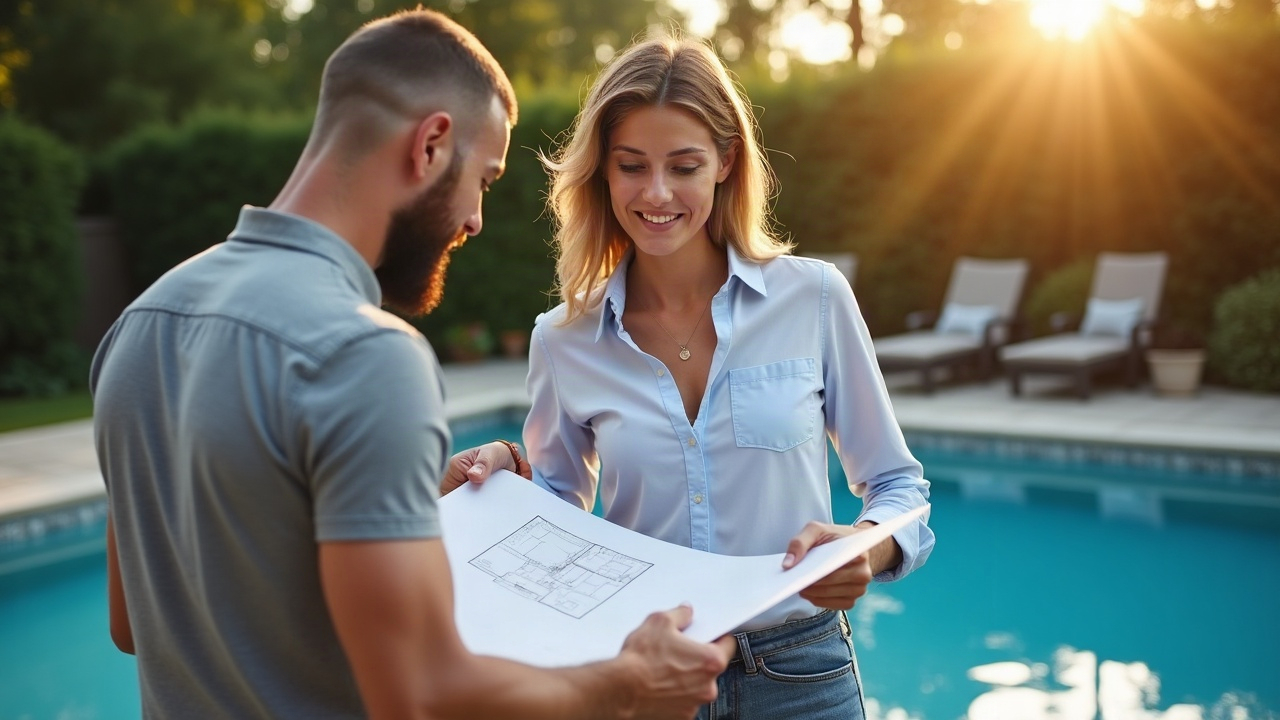 Pool company owner reviewing project plans with homeowners at an outdoor consultation, showing collaborative design process
