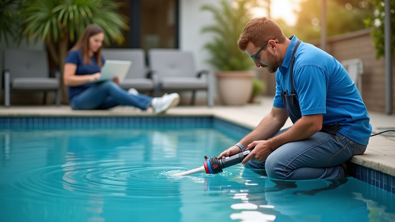 Pool service technician performing leak detection with professional equipment while office team member in background handles scheduling call