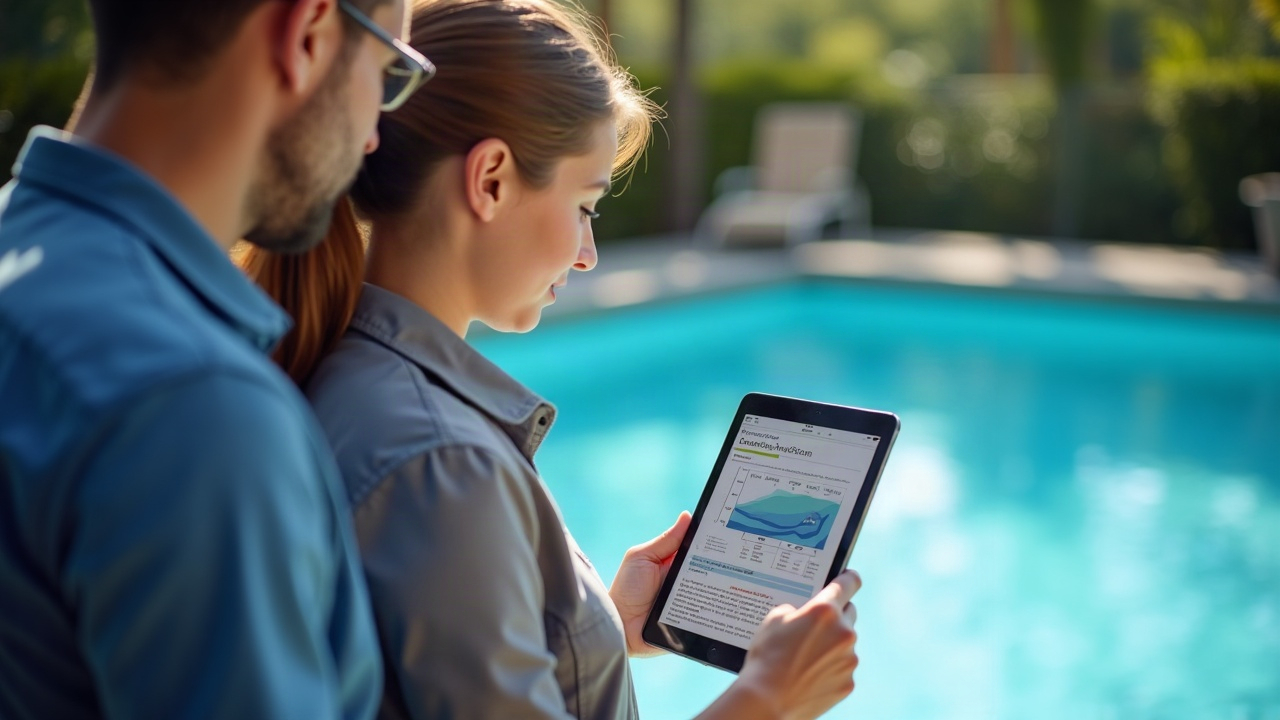Pool service professional showing leak detection report to homeowner on tablet at poolside, both looking at screen together in consultative setting